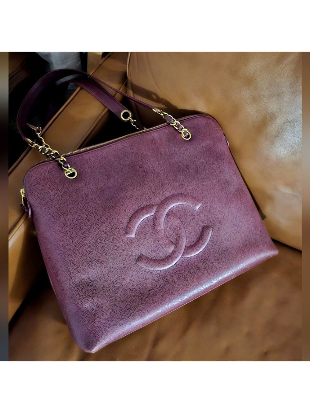 Chanel Caviar Leather CC Tote Bag Vintage Burgundy